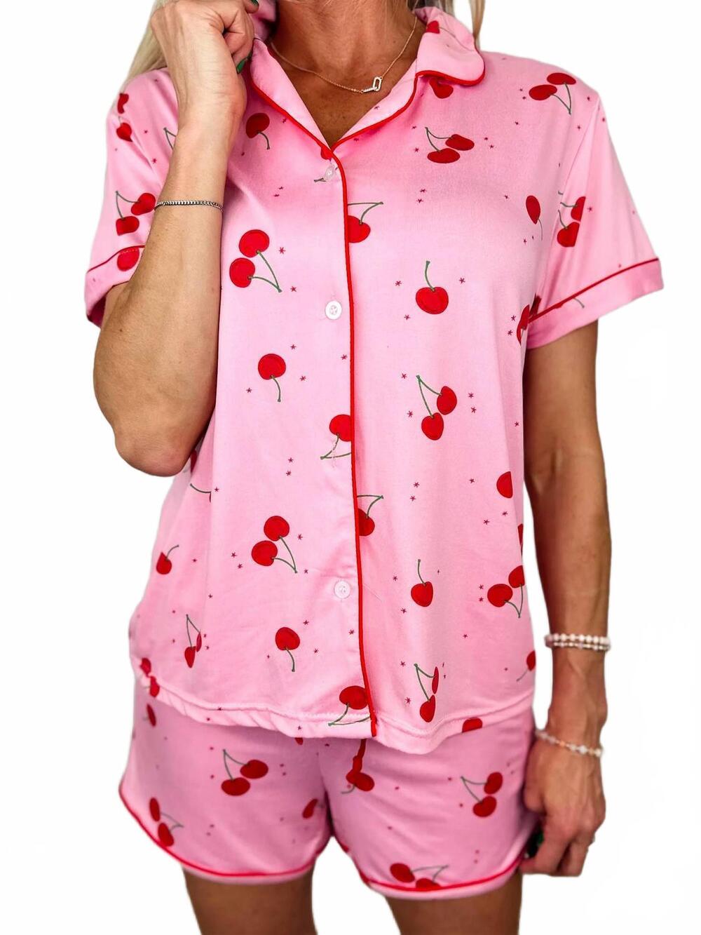 NEW HELLO MELLO cherry delight lightweight high-rise pj set in pink